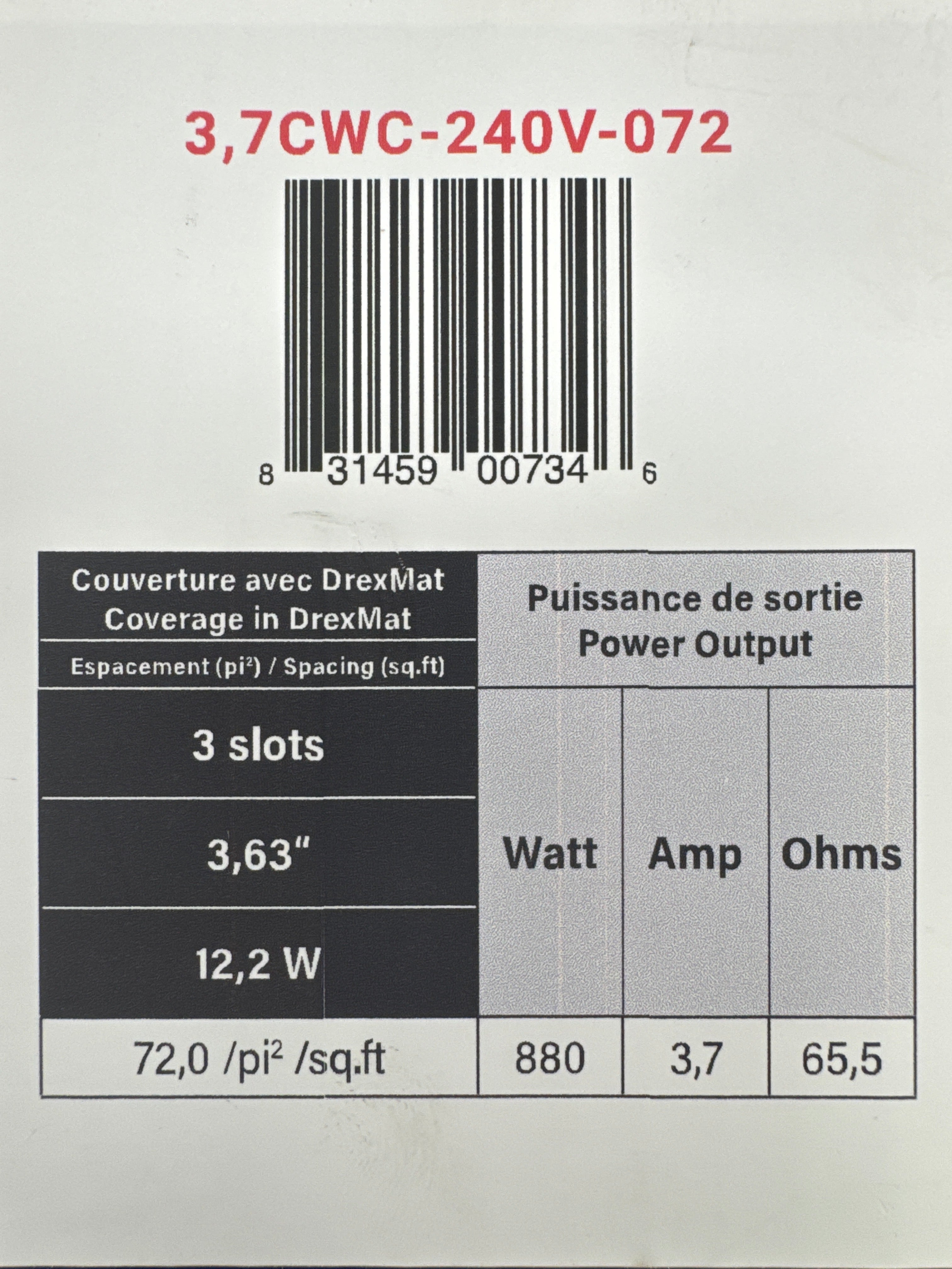 Système de chauffage au sol par câble, 3,7 watts, 3 emplacements, 72 pi²