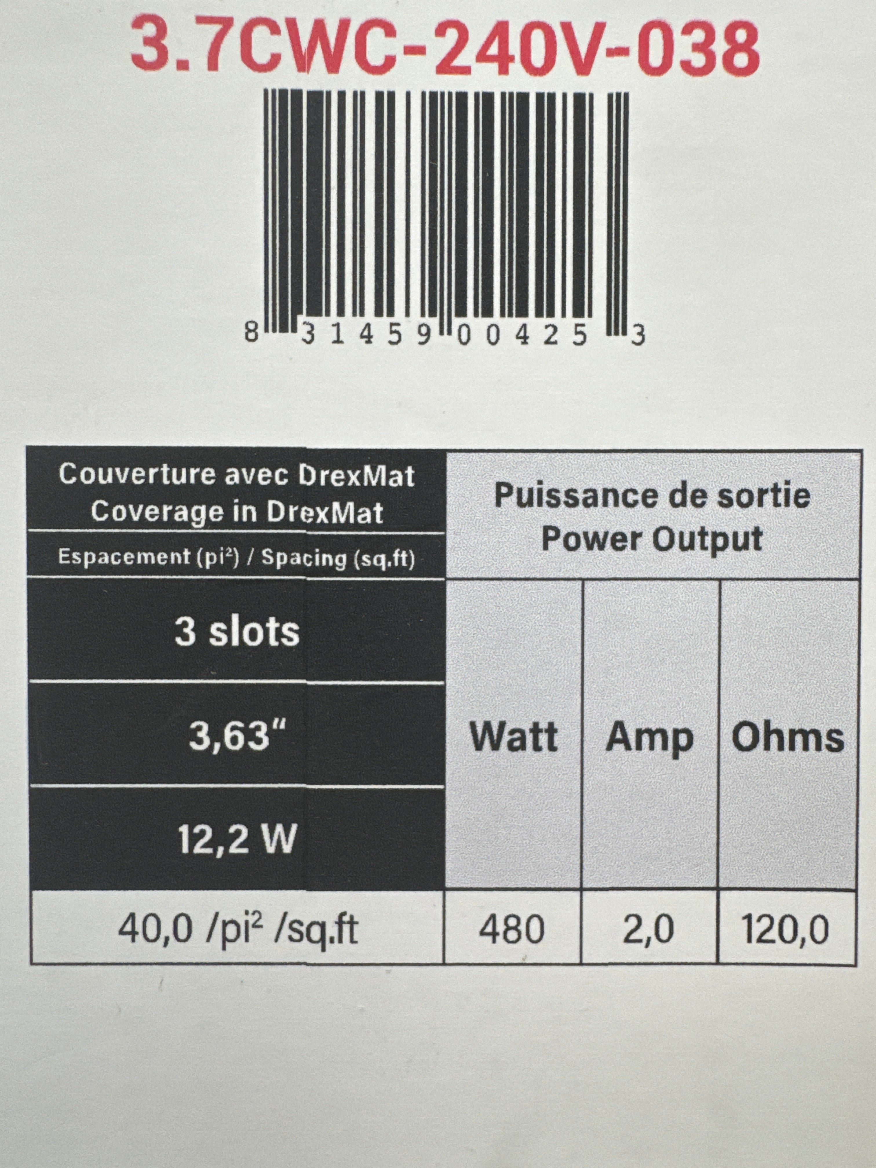 Système de chauffage au sol par câble, 3,7 watts, 3 emplacements, 40 pi²