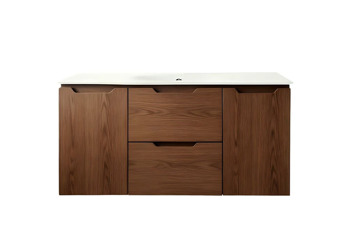 Vanity Suspended 48 in Walnut 2Drawers 2Doors Undermounted slider with countertop.