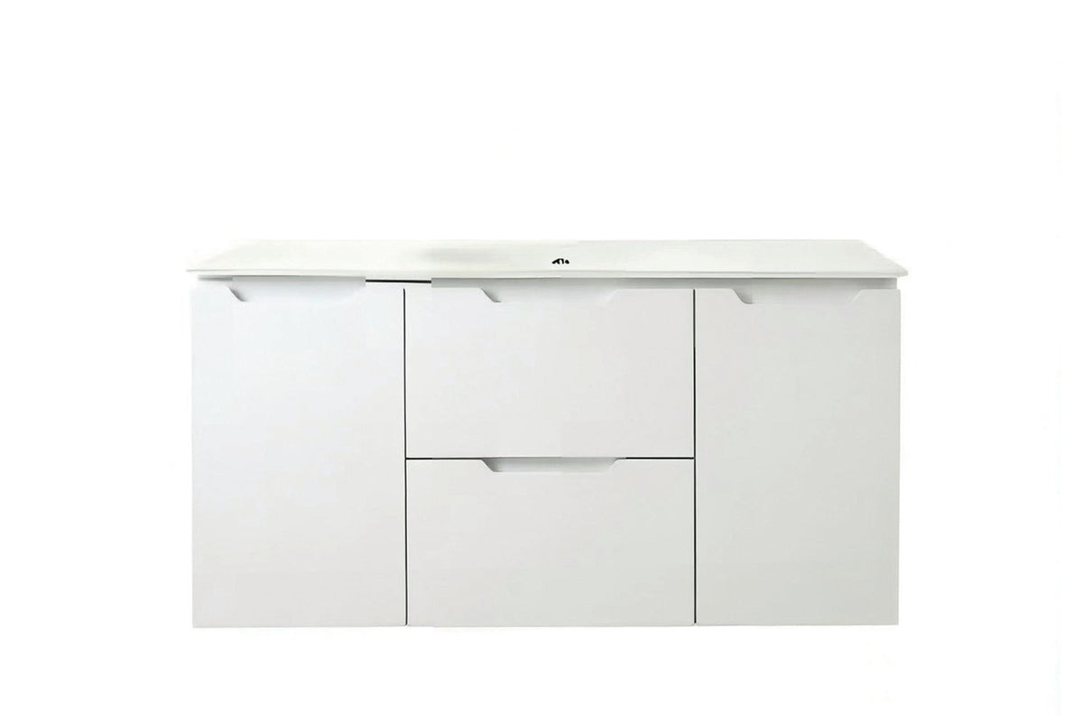 Vanity Suspended 48 in White 2Drawers 2Doors Undermounted slider with countertop.