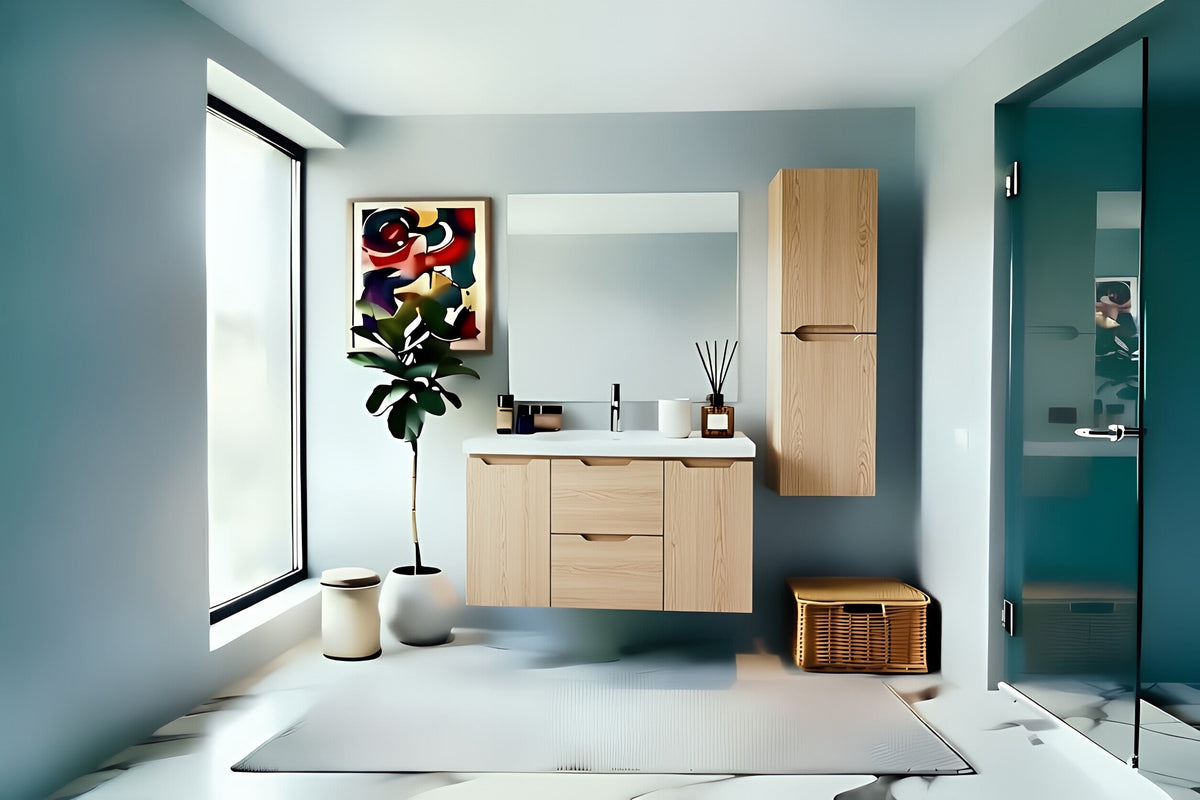 Vanity Suspended 48 in Natural 2Drawers 2Doors Undermounted slider with countertop.