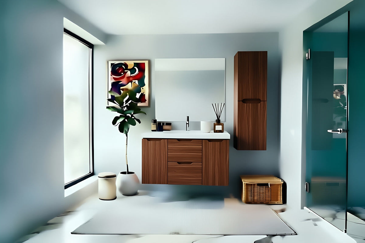 Vanity Suspended 48 in Walnut 2Drawers 2Doors Undermounted slider with countertop.