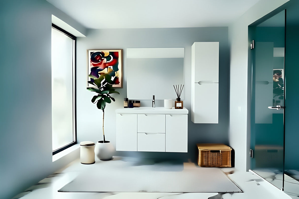 Vanity Suspended 48 in White 2Drawers 2Doors Undermounted slider with countertop.