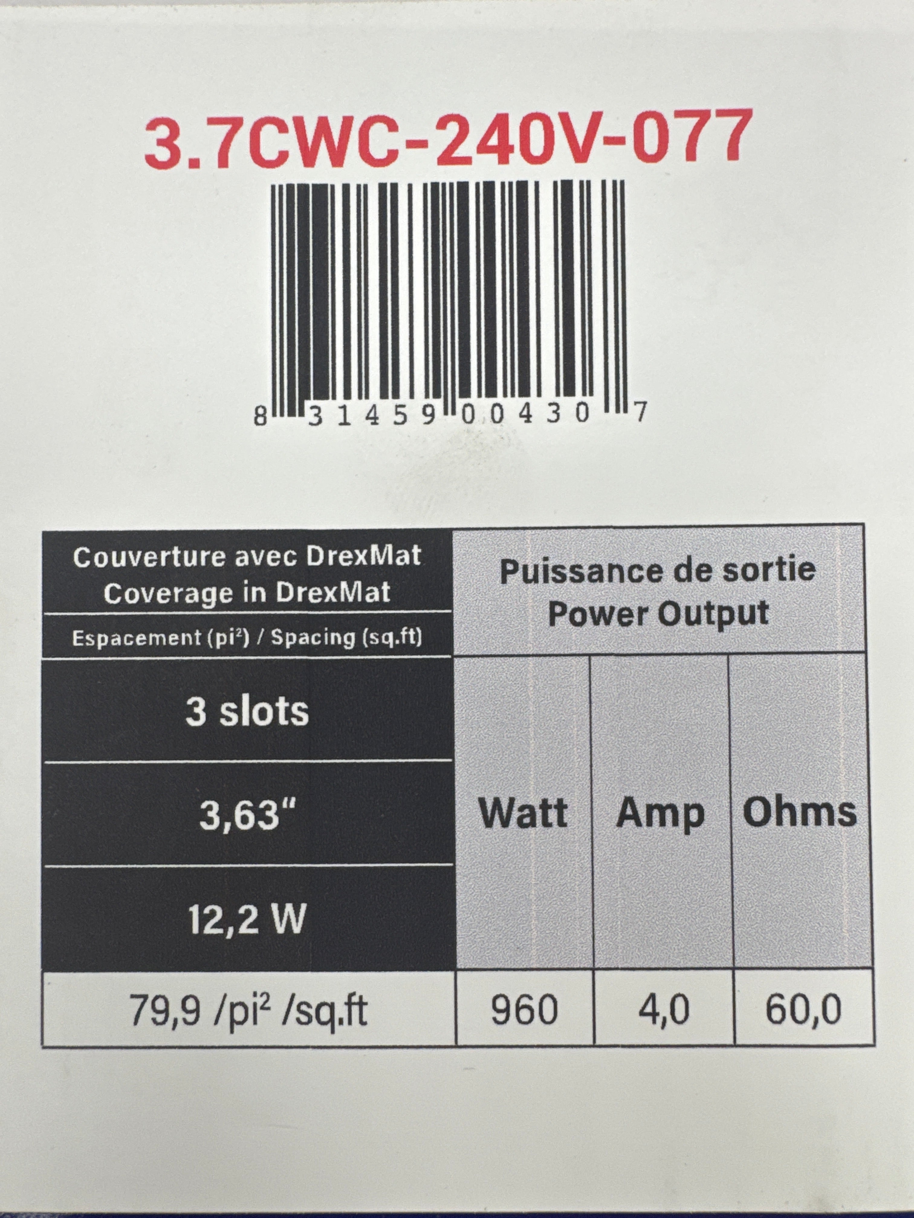 Système de chauffage au sol par câble, 3,7 watts, 3 emplacements, 79,9 pi²