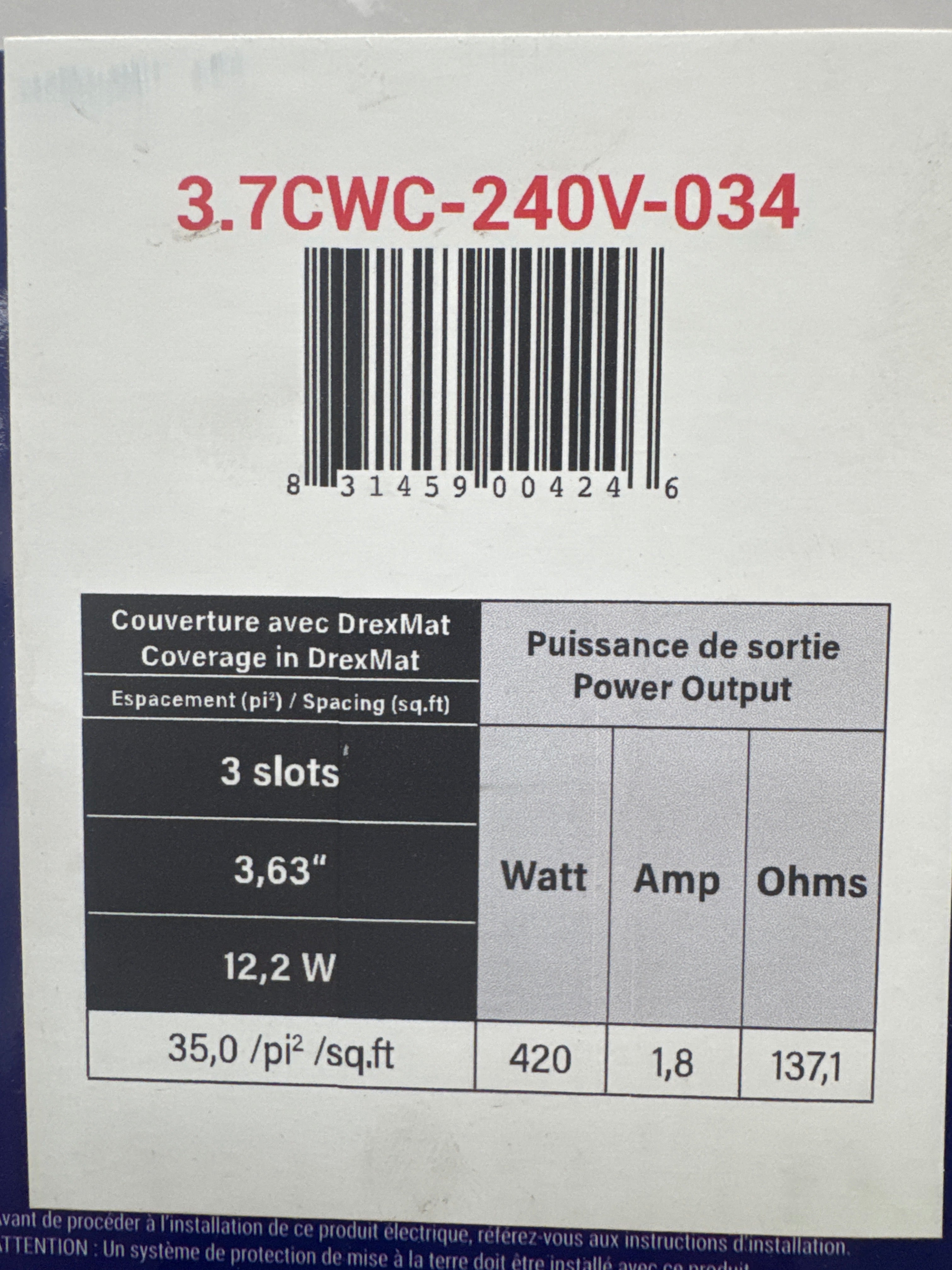 Système de chauffage au sol par câble, 3,7 watts, 3 emplacements, 35 pi²