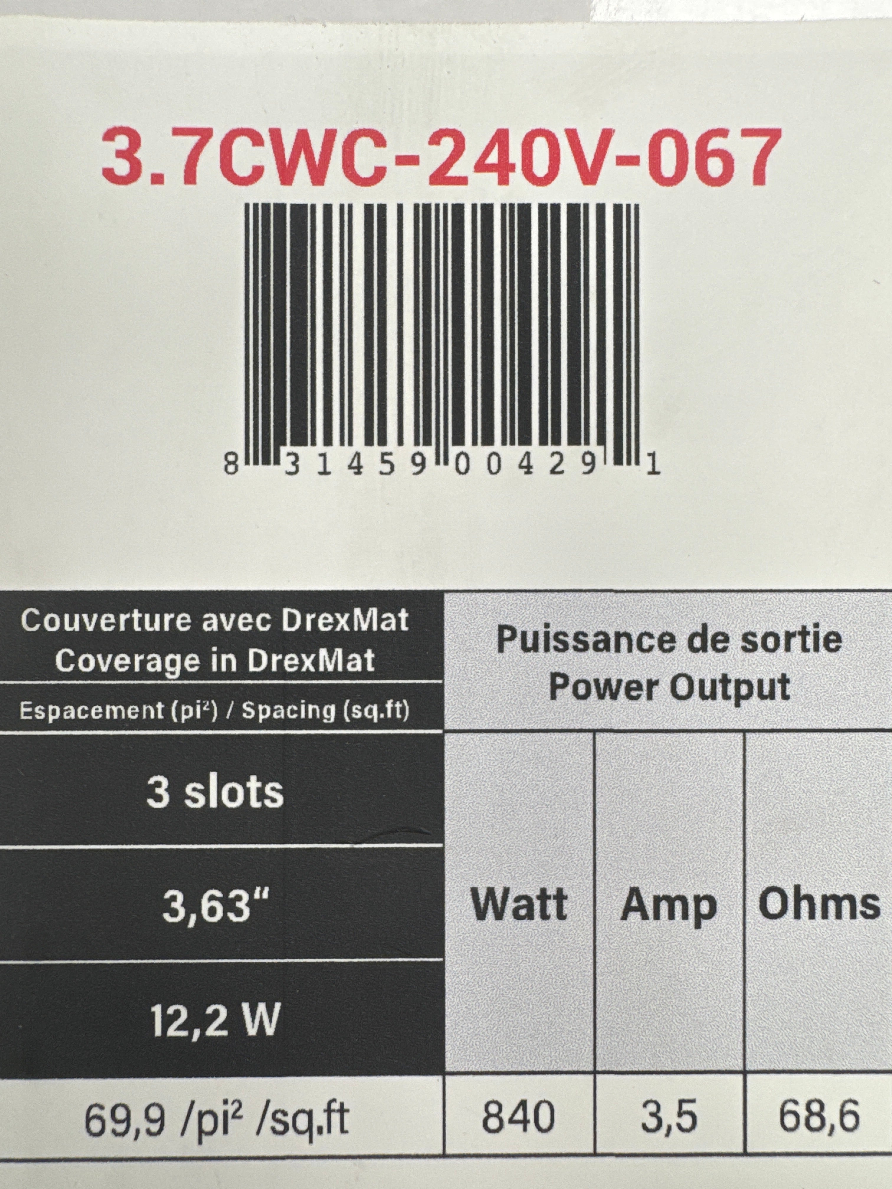 Système de chauffage au sol par câble, 3,7 watts, 3 emplacements, 69,9 pi²