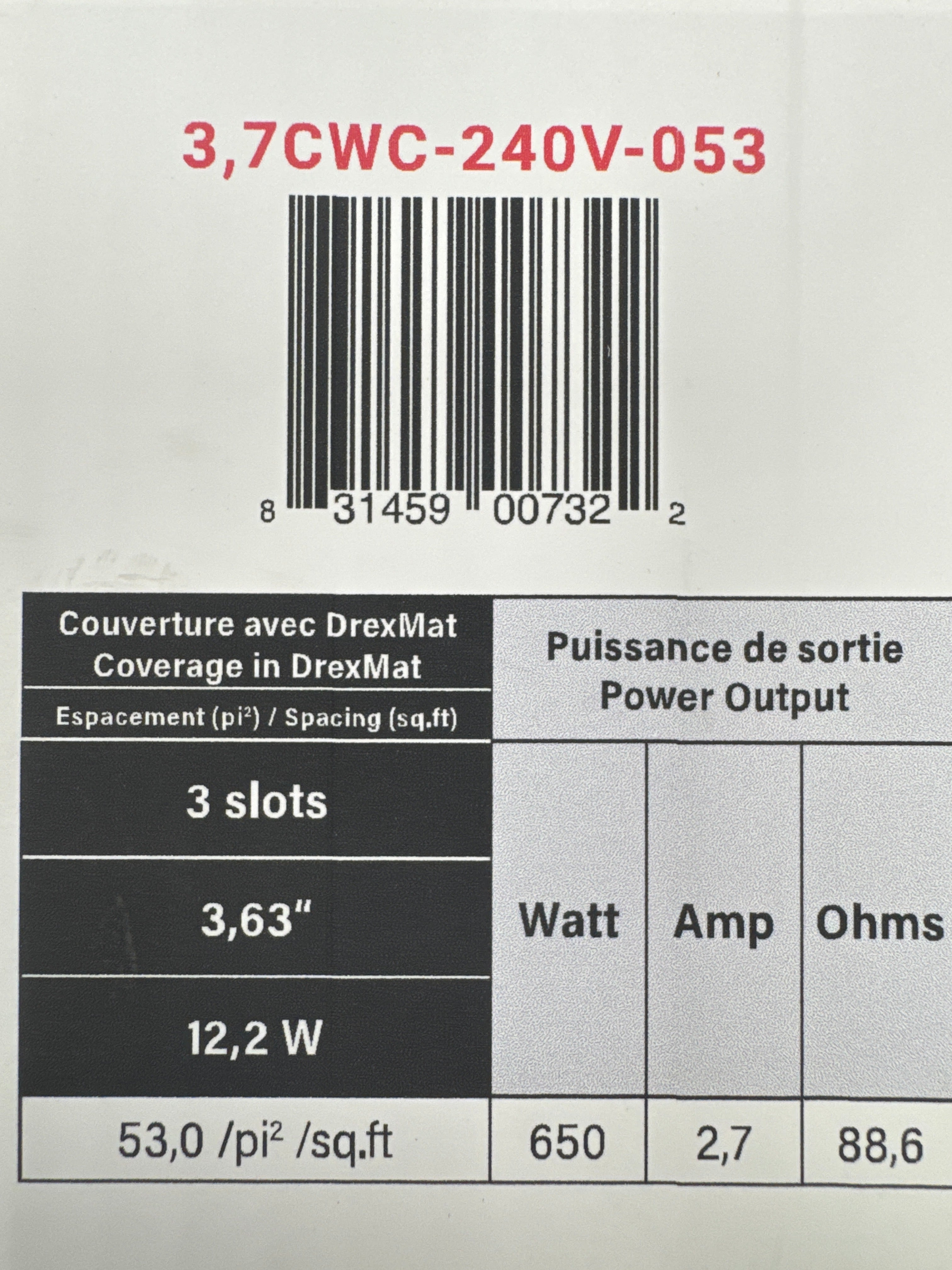 Système de chauffage au sol par câble, 3,7 watts, 3 emplacements, 53 pi²