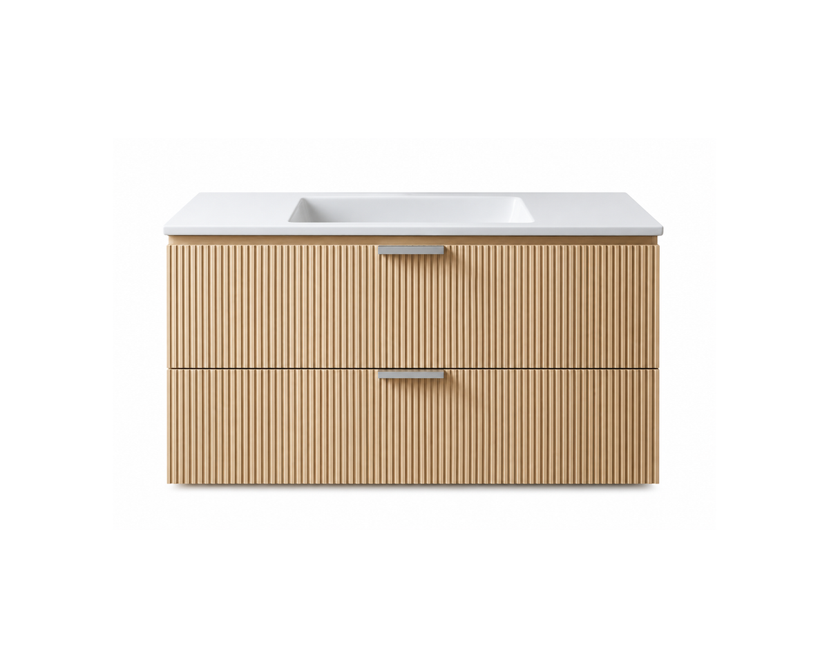 Vanity Natural Suspended 36 in 2 Drawers Undermounted slider with countertop.