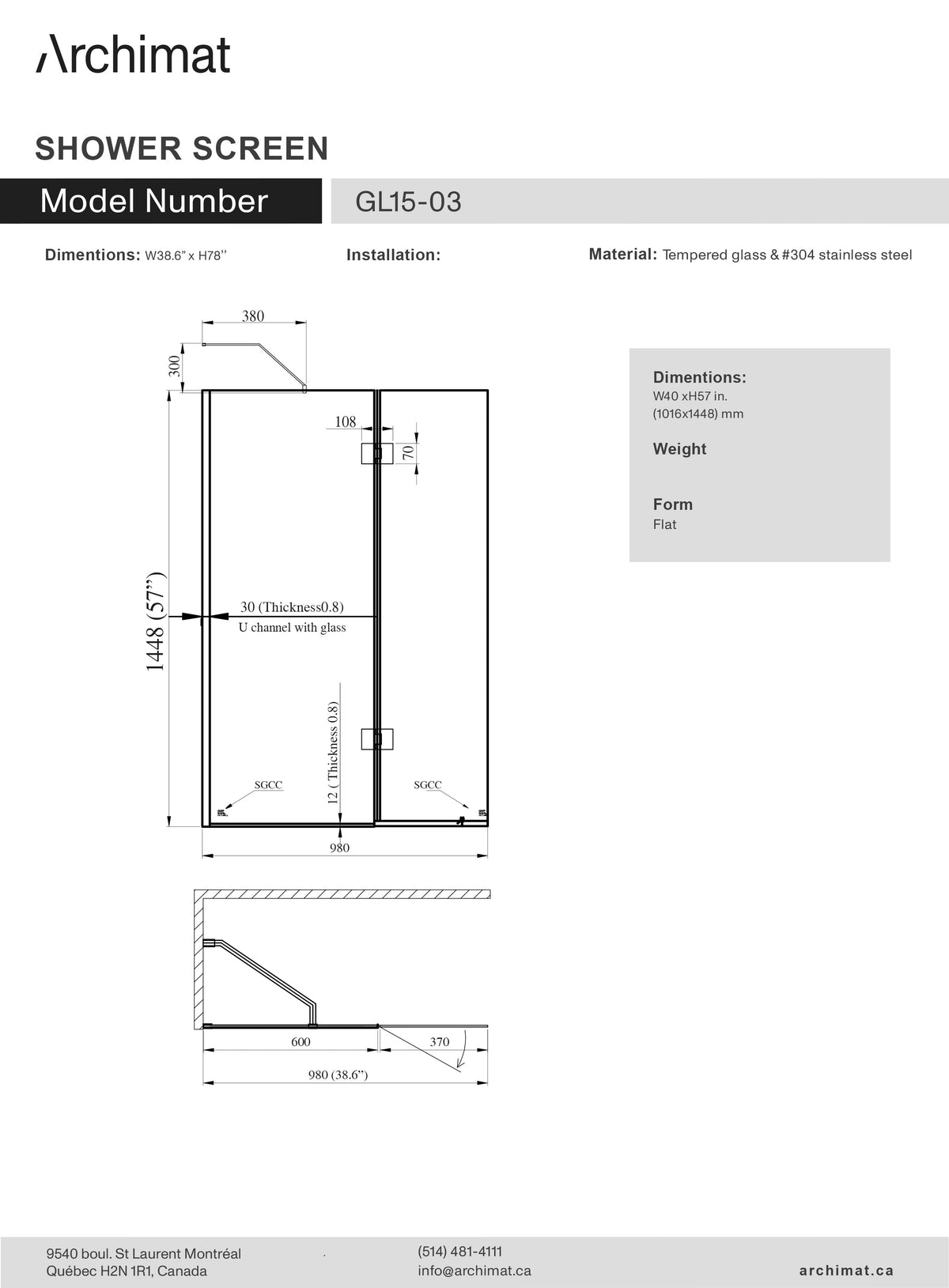 Shower Screen Bathtub W40 x H57 in.(1016 x 1448 mm) - GL15-03.