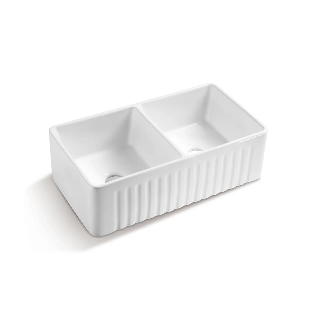 Kitchen Sink Double Bowl 50/50 Reversible Farmhouse Apron-Front Ceramic White 33-1/4x18x10 in
