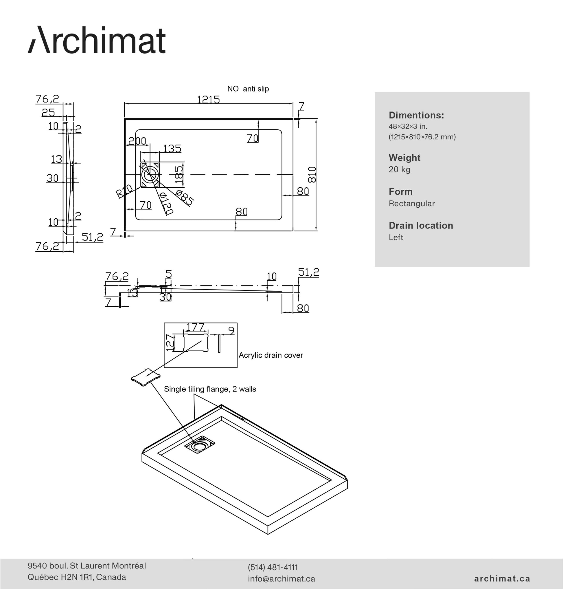 Shower Base Rectangle Left Drain 48x32x3 in