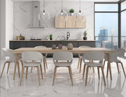 Modern kitchen with dining table and chairs, cityscape view