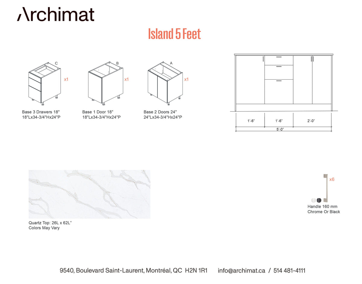 Kitchen Island 5 Feet - 5 Colors.