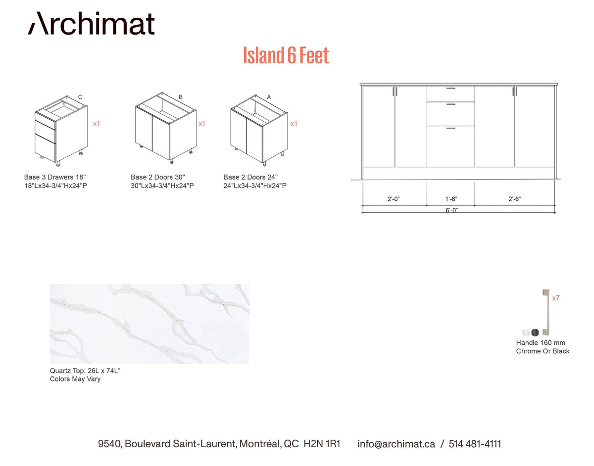 Kitchen Island 6 Feet - 5 Colors.