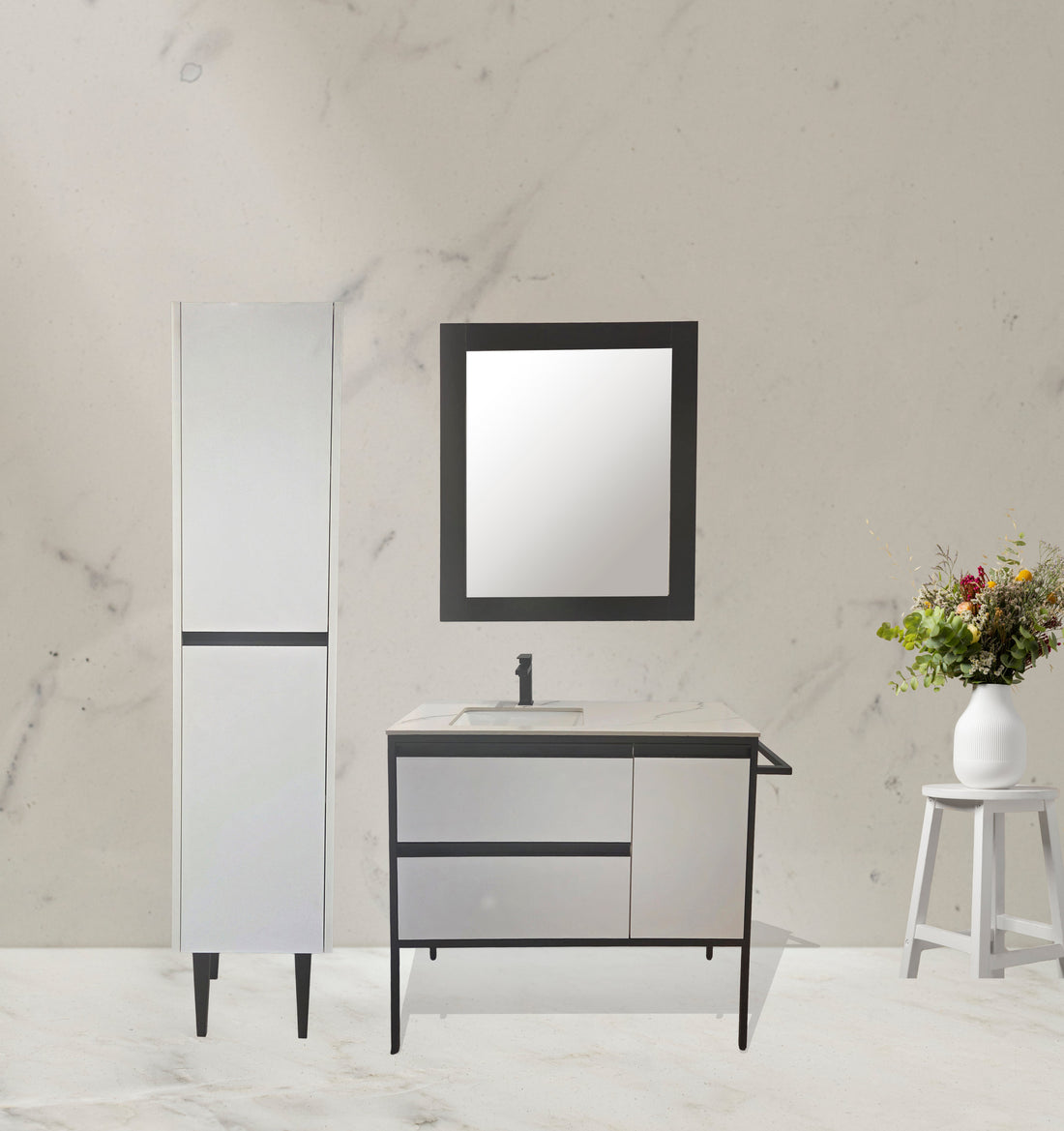 Set VANITY 42 White 2drawers 1door with sintered stone top and UPPER CABINET and Mirror