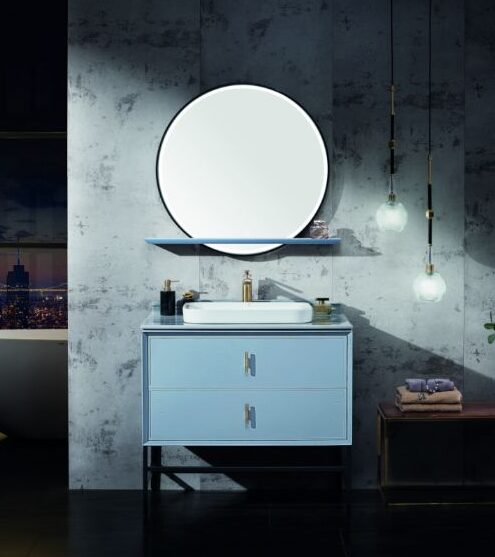 Ensemble de meuble-lavabo classique de 35,4 po x 21,6 po en bleu clair avec miroir