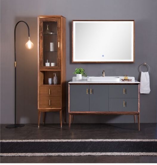 Ensemble de meuble-lavabo classique de 47,4 po x 23,2 po en bois naturel et gris avec miroir et armoire adjointe